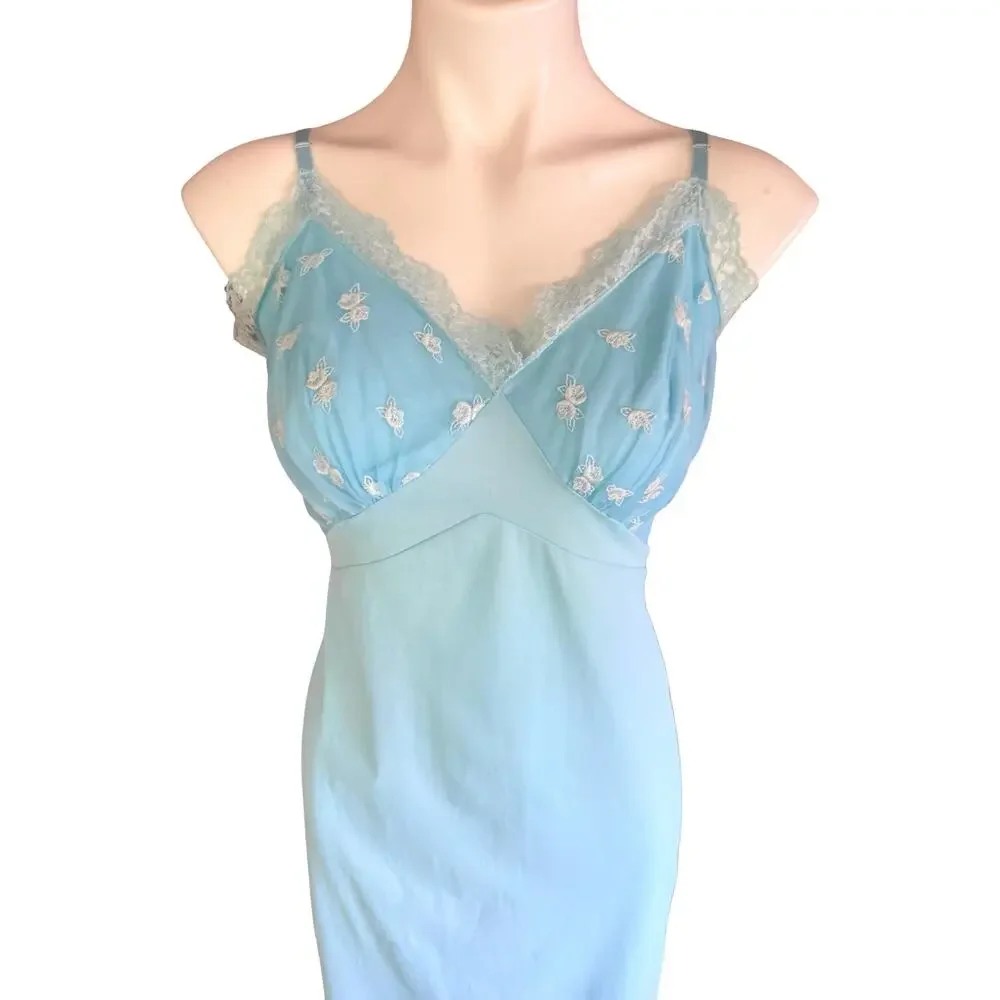 Vintage 1960s Rogers Baby Blue Nylon Tricot Full Slip Embroidered Lace Bodice 40